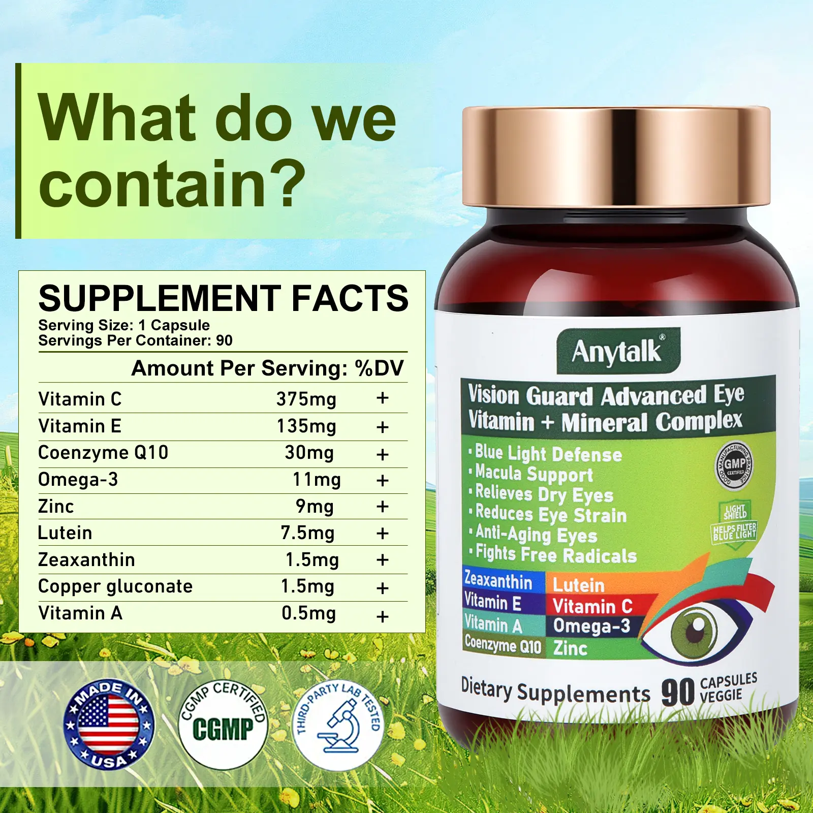 Anytalk Eye Vitamin Supplement - with Animal Ketone Zeaxanthin and Lutein  to Support Eye Health - Healthcare Supplement Fitness Dietary - 90 Capsules 