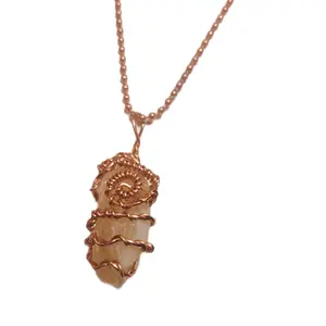 Citrine Necklace Wrapped in Copper with Copper Beaded Chain