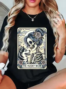 100% Cotton Unisex Cute Siberian Husky Mom Tarot Card Skeleton Husky Mama Dog T-Shirt for Men Women Casual Top