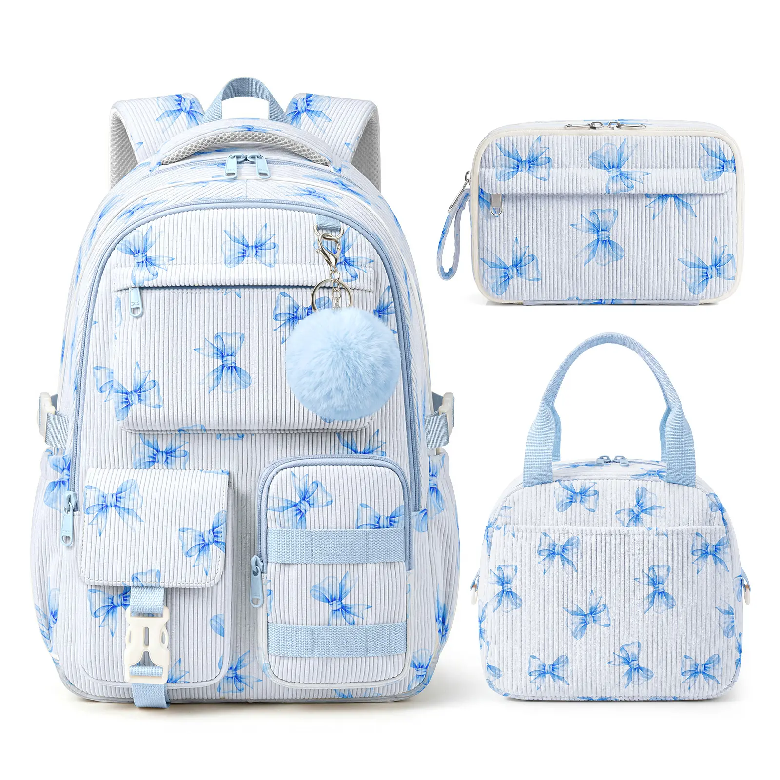 3-Piece Corduroy Backpack for School, Cute Aesthetic Set with Bow for Girls & Teens, Includes Insulated Lunch Bag & Large Pencil Case, Backpacks For School
