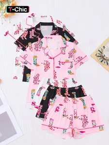 6 Piece Set Women's All Over Print Creative Pajamas with Short Sleeve and Shorts, Casual Homewear with Pockets and Button Front, Comfortable Relaxed Fit for All Seasons, Loungewear