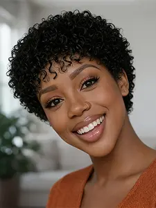 short  kinky curly natural black color pixie human hair wig pixie cut machine made wig daily party cosplay use human hair wig for women gift