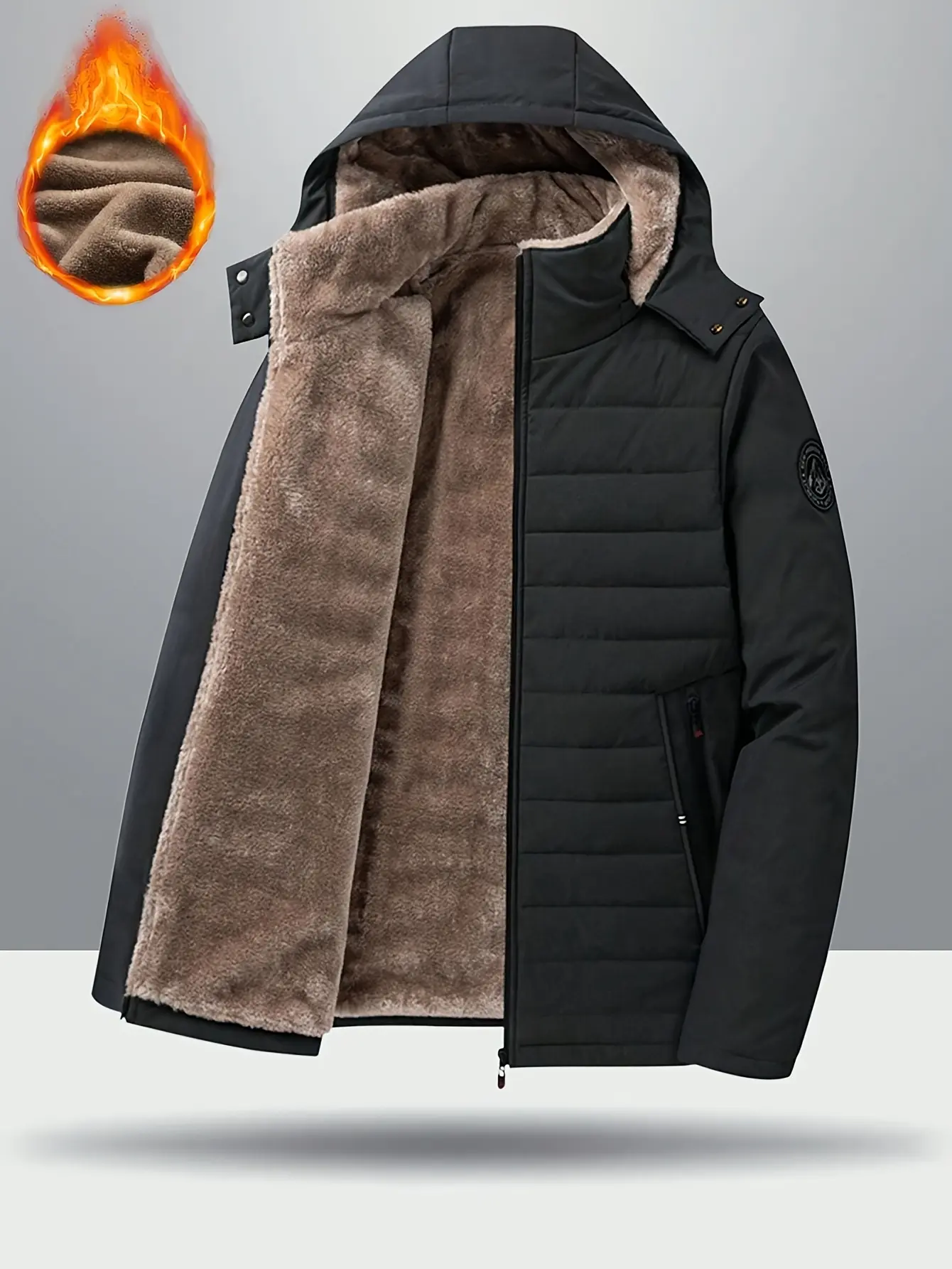 Men's winter fleece-lined warm jacket with hood, full zipper, lightweight coat, machine washable, suitable for skiing, snowboarding, and cold weather Outdoor Clothing