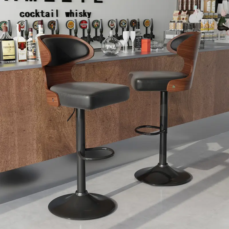 Bar Stools Seat Adjustable Height 24.5-33.5IN - Bentwood Swivel Barstools with Back & Footrest - PU Leather Upholstered Bar Chair for Bar, Kitchen, Dining Room
