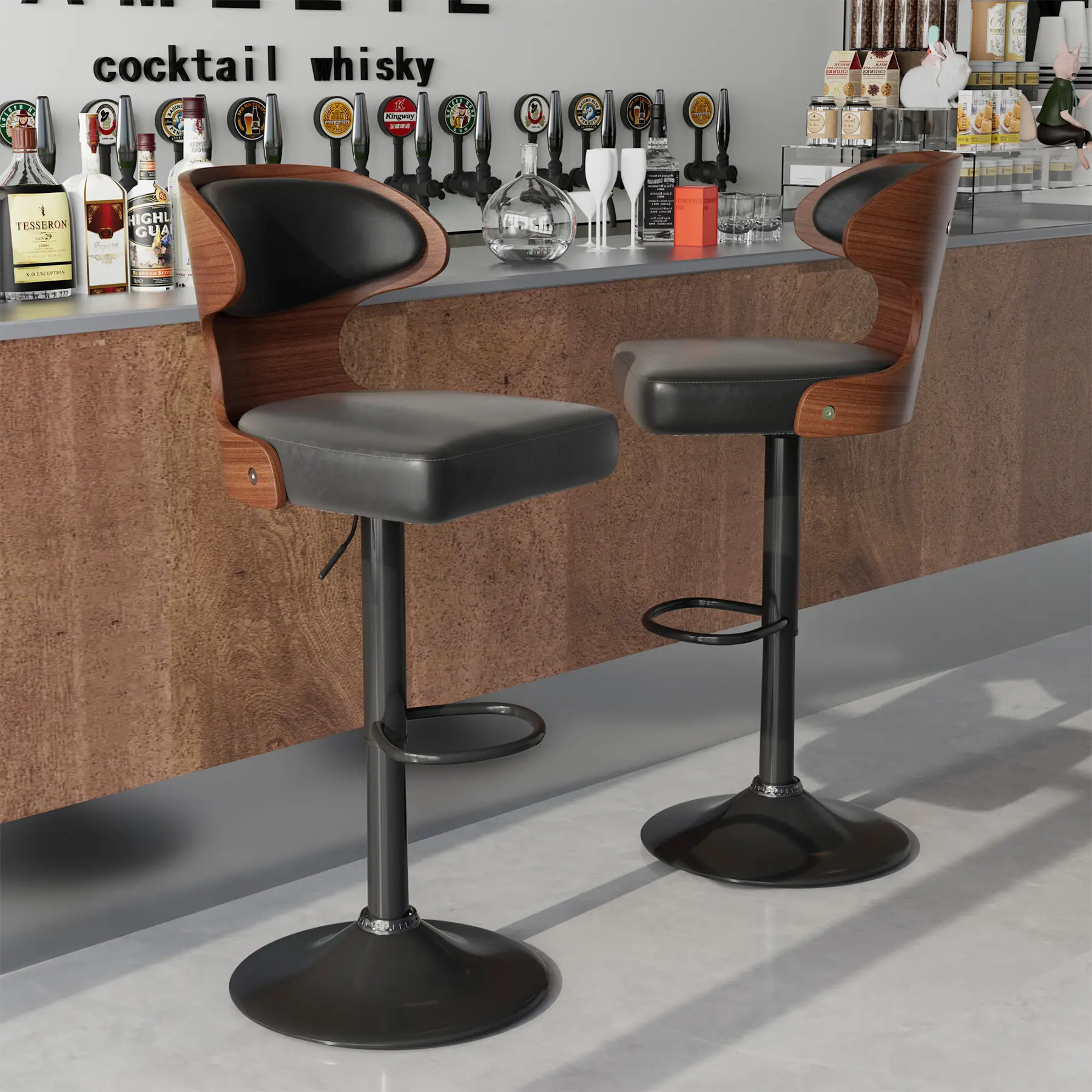 Bar Stools Seat Adjustable Height 24.5-33.5IN - Bentwood Swivel Barstools with Back & Footrest - PU Leather Upholstered Bar Chair for Bar, Kitchen, Di