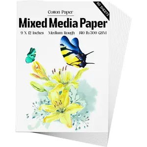 Mixed Media Paper 60 Sheets, 9 X 12 Inches 140 LB/300 GSM Heavyweight Cotton Paper Smooth/Medium Rough Texture Art Paper for Watercolor, Gouache, Marker, Painting, Drawing, Sketching