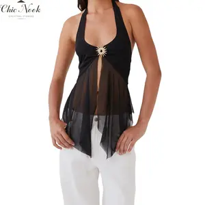Women Sleeveless Halter Tops Summer Tie up Backless Sheer Mesh Split Shirts for Streetwear Aesthetic Grunge Clothes