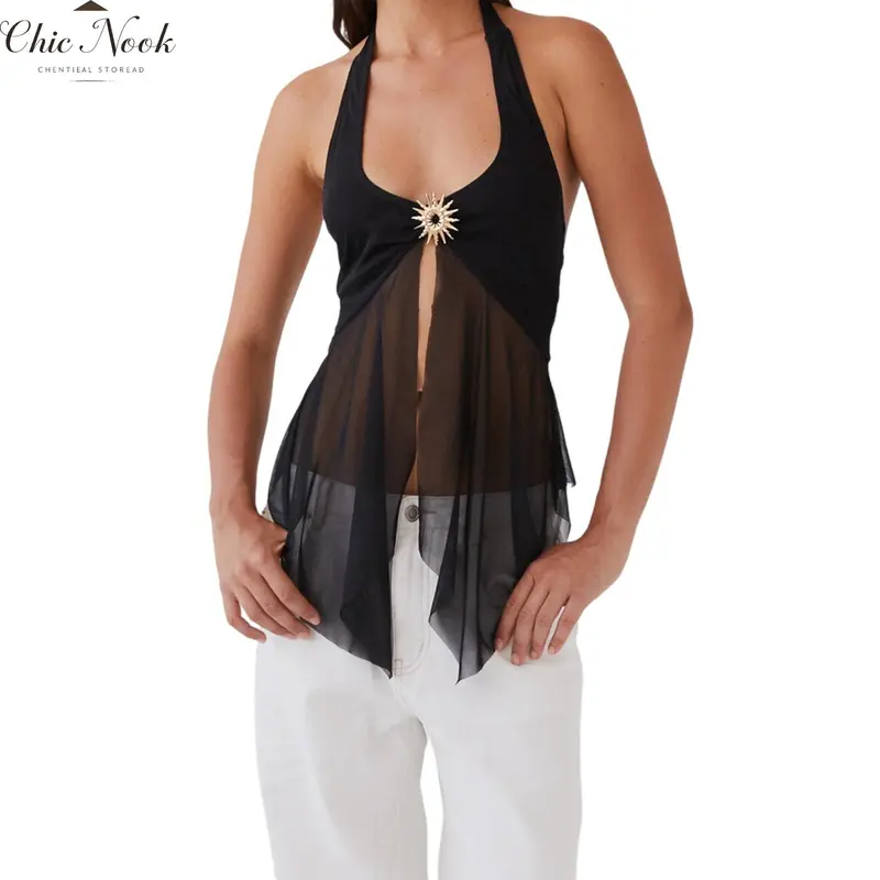 Women Sleeveless Halter Tops Summer Tie up Backless Sheer Mesh Split Shirts for Streetwear Aesthetic Grunge Clothes