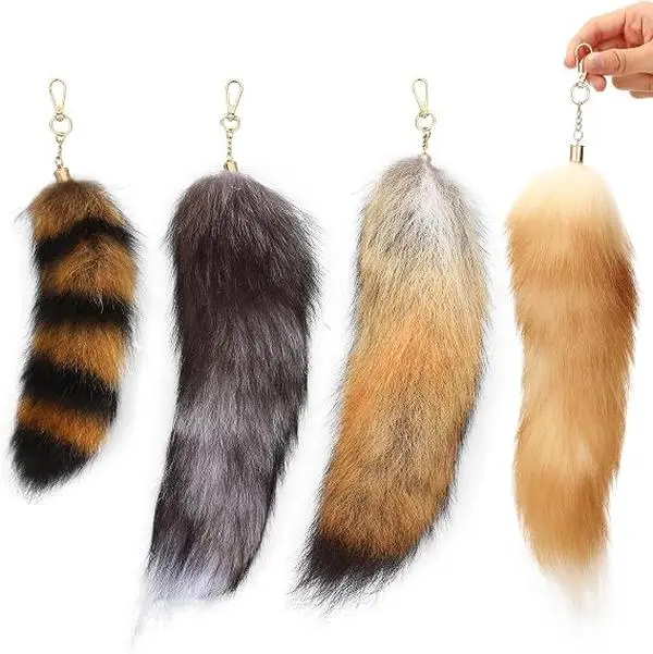 4PCS Faux Fur Tail Keychain Set with Therian Tails - 14 & 10 Inch Realistic Fox Tail Keychain Faux Fur Accessories for Cosplay, Handbags, Gifts