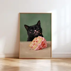Black Cat Eating Cake Poster - Whimsical Funny Wall Art, Pink Strawberry Cake Print