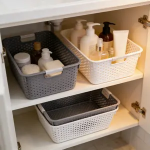 Storage organization Plastic Hudson Storage Basket – Large Grey & White Organizer Bin for Home, Shelves, Closet