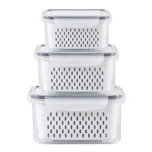 Airtight Food Storage Containers 3 Pack Fridge Food Storage Container Set with Lids with Strainer,Plastic Fresh Produce Saver Vegetable Fruit Meat Storage Organization, BPA-Free Plastic Produce Keepers(3.15L+1.7L+0.8L) Kitchen Utensils