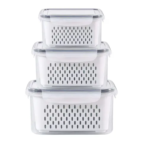 summerwins BPA-Free Airtight Anti-Leak Plastic Storage Containers 3-Pack (3.15L+1.7L+0.8L) with Clip-On Lids & Built-In Strainer - Stackable Kitchen Gadgets for Fridge Produce, Meat