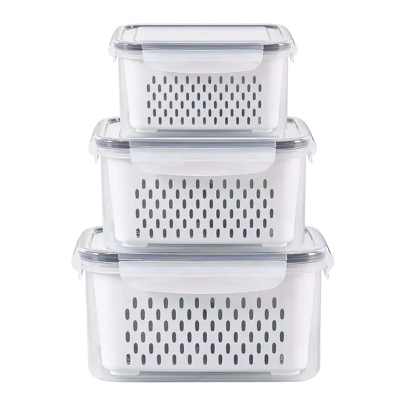 summerwins BPA-Free Airtight Anti-Leak Plastic Storage Containers 3-Pack (3.15L+1.7L+0.8L) with Clip-On Lids & Built-In Strainer - Stackable Kitchen Gadgets for Fridge Produce, Meat