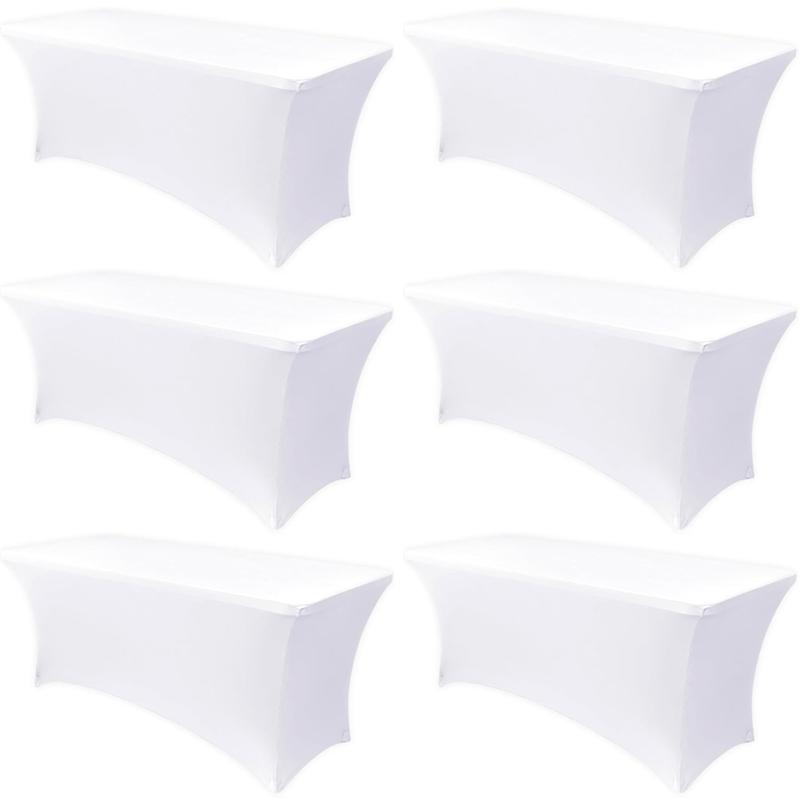 6FT Tablecloth [6 Pack, White] 200 GSM Stretch, Fitted, Washable and Wrinkle Resistant Table Cloth Rectangle Cover for Trade Shows, Wedding, Parties [72Lx30Wx30H Inch]