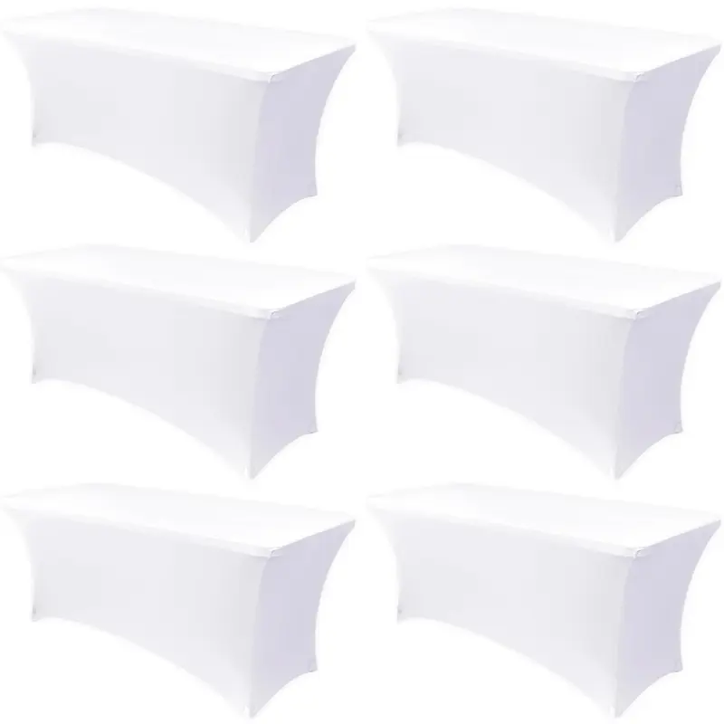 6FT Tablecloth [6 Pack, White] 200 GSM Stretch, Fitted, Washable and Wrinkle Resistant Table Cloth Rectangle Cover for Trade Shows, Wedding, Parties [72Lx30Wx30H Inch]