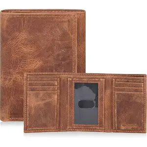 Tri fold Leather RFID Wallet for Men, Slim Minimalist Front Pocket Wallet with 1 ID and 6 Credit Card Slots