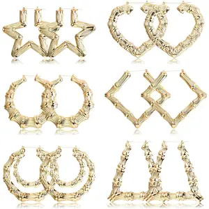 Drperfect 3-6Pairs Large Bamboo Hoop Earrings for Women Geometric Earrings Hip-Pop Style Fashion Party Accessory Daily