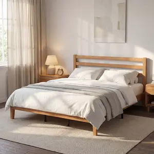 Wood Bed Frame with Headboard - Walnut Finish, Solid Wood Slat Support System, No Box Spring Required