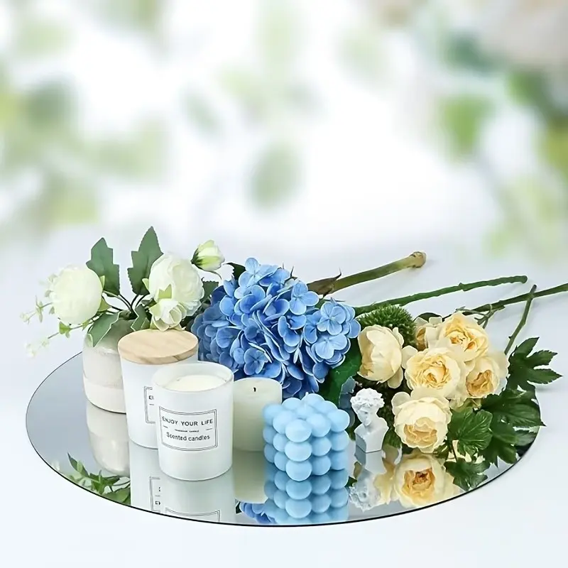 4pc, 25cm silver circular acrylic mirror set, acrylic mirror tray, candle tray, suitable for wedding table decoration, Wedding Table Centerpieces, birthday party decoration, photo props, with anti slip pad
