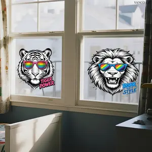 2Pcs/Set (3030cm2pcs) Trendy Lion & Tiger Static Window Sticker, Lion and Tiger with Rainbow Sunglasses Glass Sticker for Kids Room & Bedroom Decor