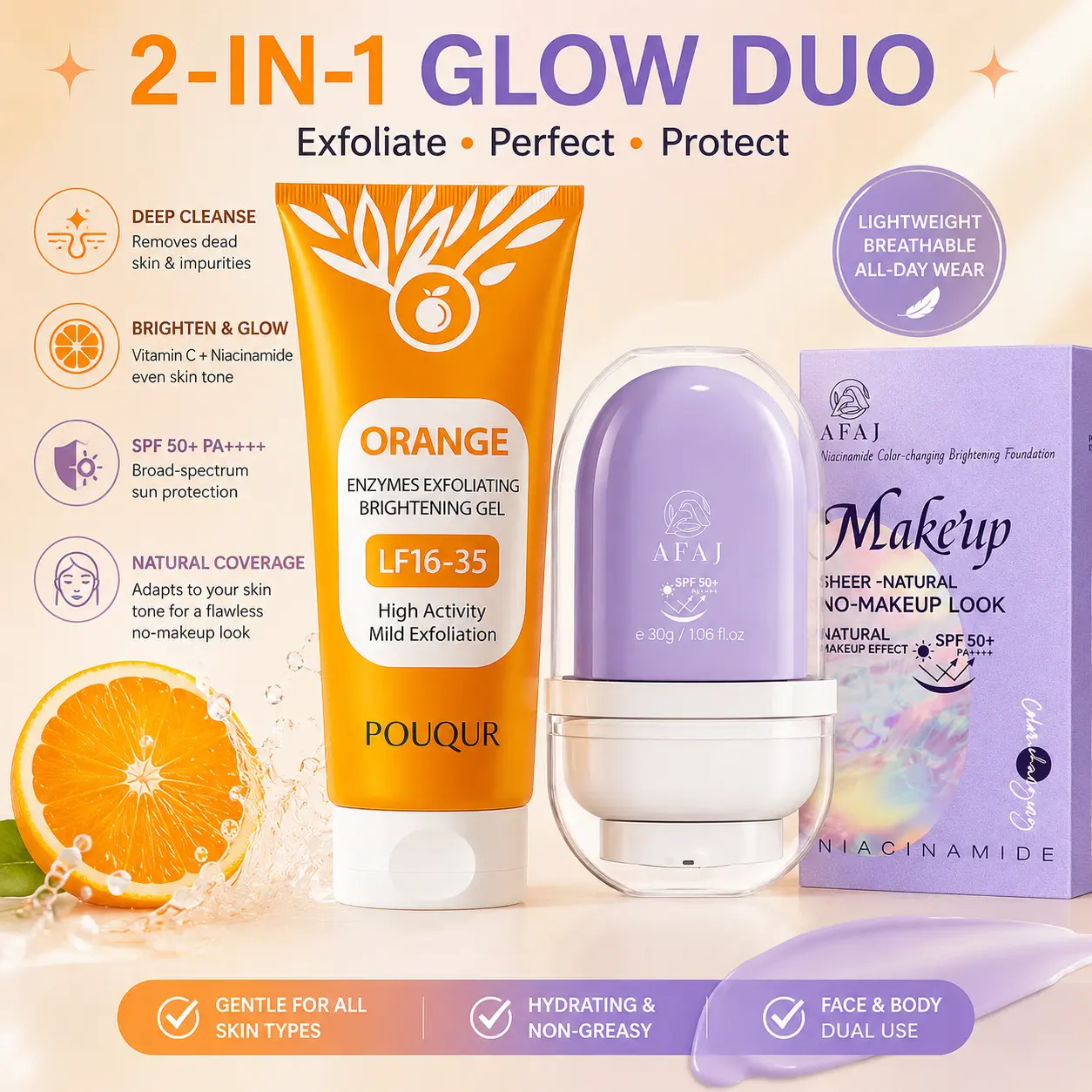 Orange Exfoliating Gel&4-in-1 Color Changing Foundation Set – Flawless Full Coverage Makeup, Deep Cleansing Face Scrub, Hydrating Long Lasting Base & Smooth Glowing Skin Care Duo