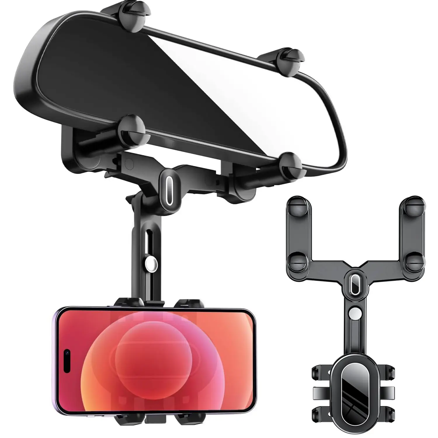 Rear View Mirror Phone Holder - Multifunctional 360° Rotatable, With Retractable Handle, Fixed At Four Corners, For Most Phones and Cars