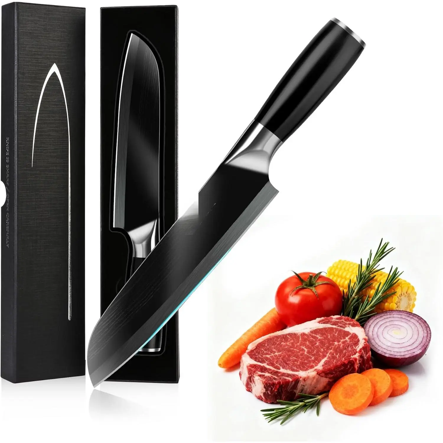 8"/20cm Santoku ,  Hand Forged Chefs  High Carbon Steel Core with   Handle,  Box &  Sheath (Black)