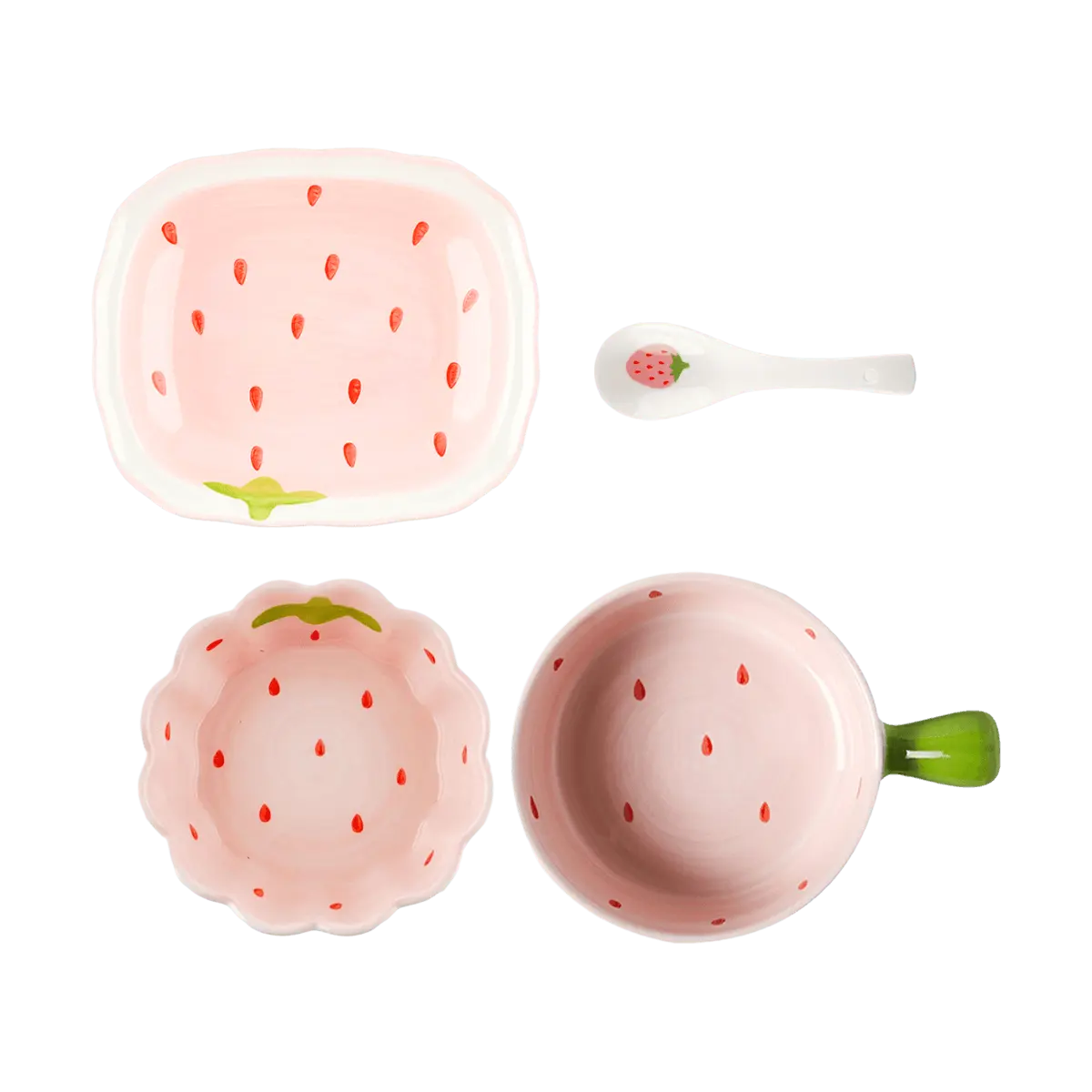 Kawashima Strawberry Ceramic Dinnerware Set - 4 Pcs Spoon, Handle Bowl, 6" Bowl & 7.5" Plate - Cute Fruit Kitchenware for Home & Gifts