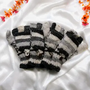 HandKnit Himalaya Sherpa Gloves,Merino Wool Fleece Lined Winter Convertible  Mitten, Warm Soft Gloves, Unisex Gloves, Ski Gloves, Black Gray