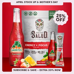Salud x Jarritos 2-in-1 [Energy + Focus – Fruit Punch] Clean Energy Drink Mix, Agua Fresca, Organic Caffeine, B6 & B12, L-Theanine, Drink Packets, Non-GMO, Gluten Free, Vegan, Low Calorie, 1g Sugar (15 Servings)