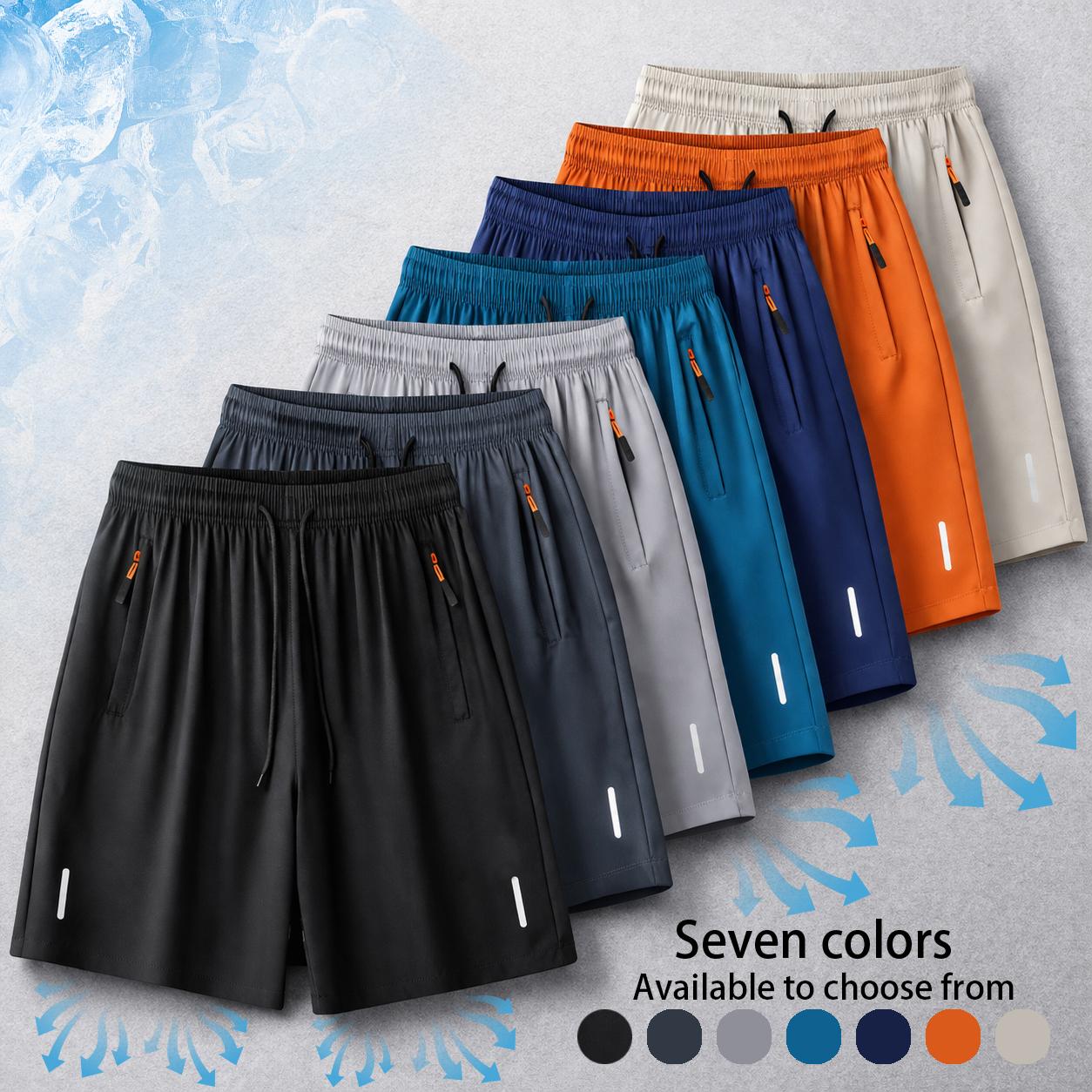 Men’s casual breathable shorts; men’s quick-dry shorts with reflective stripe print; ice silk shorts with zippered pockets; quick-drying, lightweight sports/fitness shorts—ideal for summer leisure and active wear, suitable for significant athletic activit