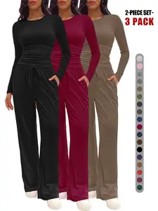 Women's Solid Ruched Tee & Drawstring Pocket Pants Set, Fitted Long Sleeve T-Shirt & Elastic Waist Trousers, Casual Loungewear