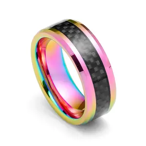 8mm- Tungsten Carbide Ring Metallic Rainbow Finish w/ Black Carbon Fiber Inlay