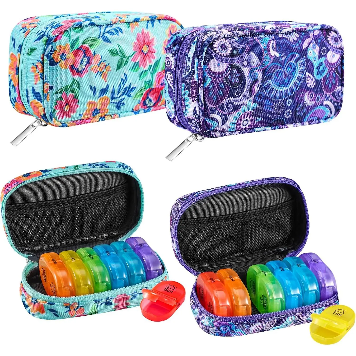 Weekly Travel Pill Organizer 2 Times A Day AM PM Pill Box 7 Day with Zipper Canvas Pill Case, Medicine Organizer for Pills, Vitamins, Fish Oils - Green 01+ Purple 01