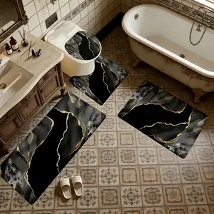 3/4 Piece Set Modern Black Gold Marble Pattern Printed Bathroom Mats, Flannel Non-Slip Bath Rugs, Soft & Comfortable Floor Protective Mats, Stylish Decor for Bathroom