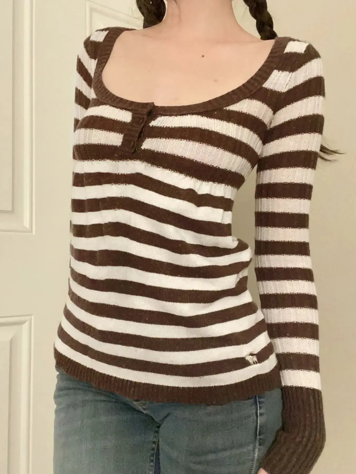 Y2K Aesthetic Striped Color Block Button Detail Slim-Fitting Sweater for Women, Long Sleeve Retro Knit Top for Spring, Knitted Sweater, Knitwear