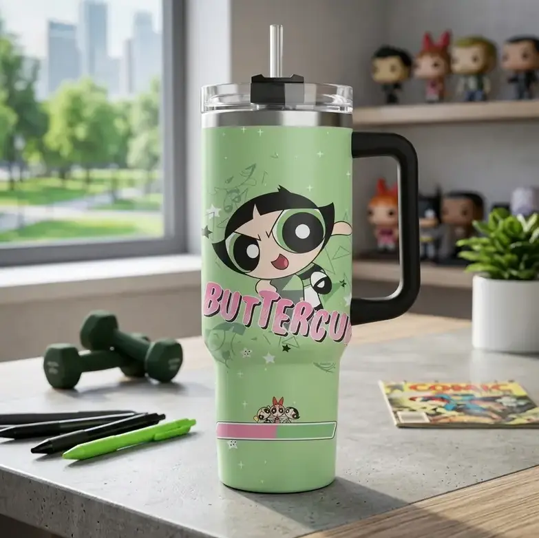 [Gift Box & Straw] Powerpuff Girls Buttercup 20oz Skinny & 40oz Handle Tumbler, Tough Girl Cartoon Stainless Steel Vacuum Insulated Coffee Cup, Hot & Cold Travel Mug, 90s Cartoon Fan Gift