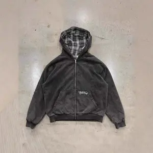 Street hooded sweater jacket autumn loose checkered patchwork casual personalized cardigan double-sided sports shirt 2026 new item