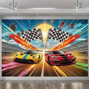 2D Flat Banner, 1pc Racing-Themed Party Banner - Vibrant Polyester Wall Decoration Featuring Checkered Flags And Sports Cars, Suitable for Year-Round Home Decor, Perfect for Rooms, Birthday Parties, And Motorsport