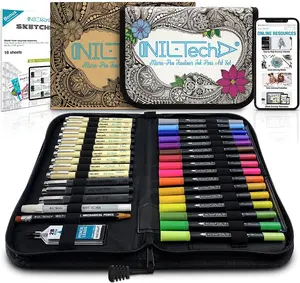 NIL-Tech Fineliner Pens and Brush Pens Dual Tip Markers Set - 36 Pieces Art Supplies with 9 Pens, 16 Dual Tip Color Markers, 3 Calligraphy Pens, 1 Brush Pen, 1 Mechanical Pencil with replacement leads, 1 White Gel Pen, Ruler, Drawing Pad, and Art Case