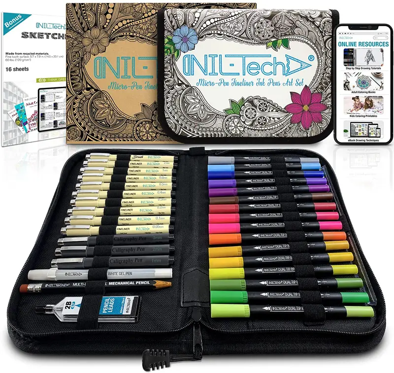 NIL-Tech Fineliner Pens and Brush Pens Dual Tip Markers Set - 36 Pieces Art Supplies with 9 Pens, 16 Dual Tip Color Markers, 3 Calligraphy Pens, 1 Brush Pen, 1 Mechanical Pencil with replacement leads, 1 White Gel Pen, Ruler, Drawing Pad, and Art Case