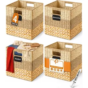 Storage Basket, 10.5x10.5x10.5 Inch Storage Cubes, Water Hyacinth Wicker Basket for Storage,  Woven Baskets for Organizing, Set of 4 Wicker Storage Baskets for Shelves