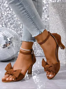 Women's Velvet Bowknot Anklet Metal Buckle Adjustable Chunky Heel High Heels, Party Mom Shoes, Commuter Wedding Shoes