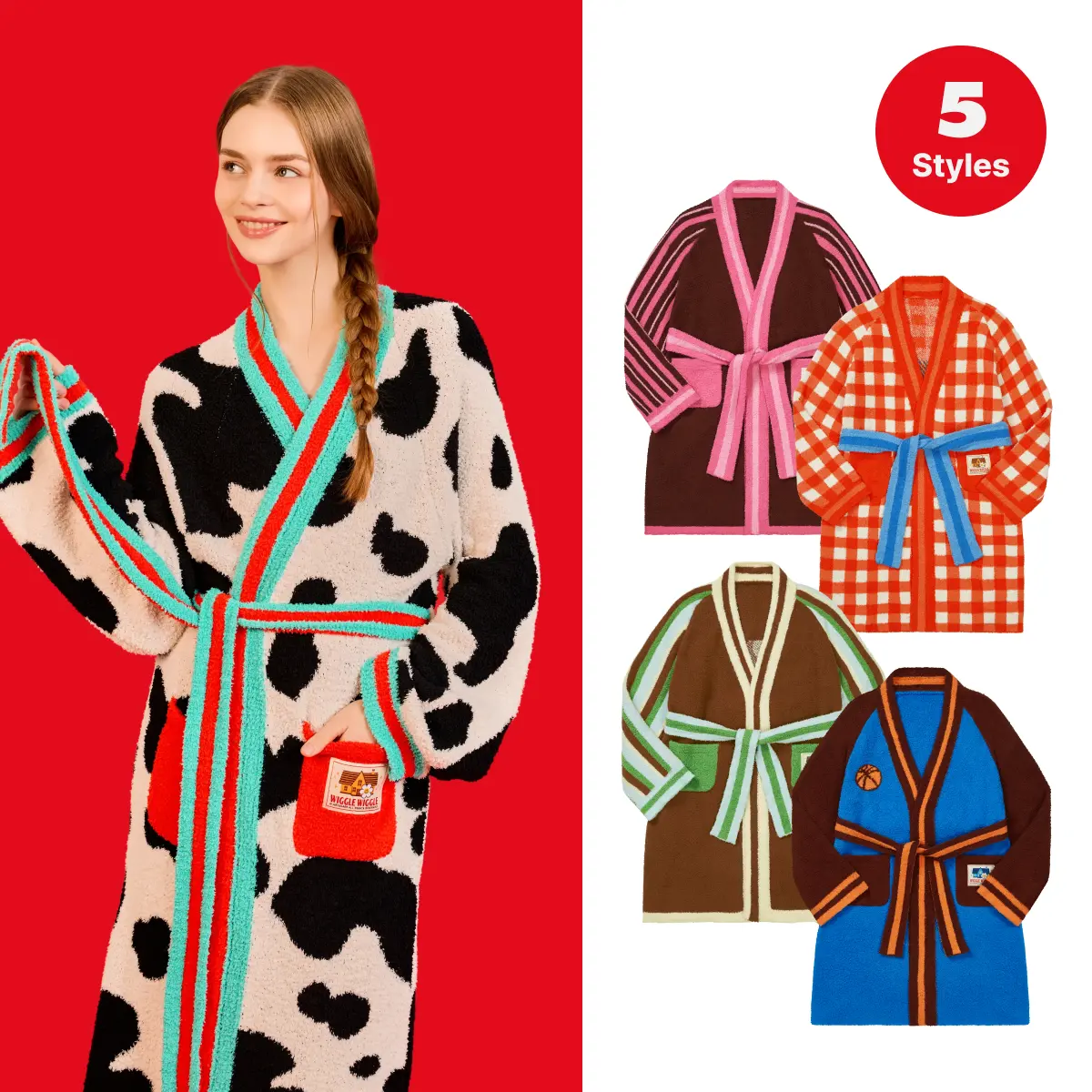 [WIGGLE WIGGLE] Women Colorblock Plush Fleece Bathrobe,Cozy Long Lounge Robe with Belt,Soft Warm Spa Robe for Women