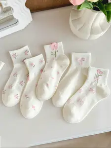 Women's Floral & Bow Embroidered Socks, Low-Cut Short Ankle Socks, Moisture-Wicking Comfortable Mid-Calf Socks for Spring Summer, Casual Comfy Socks