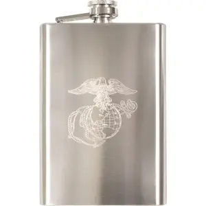 Silver - US Marine Corps Flask with USMC Engraved Emblem - Stainless Steel