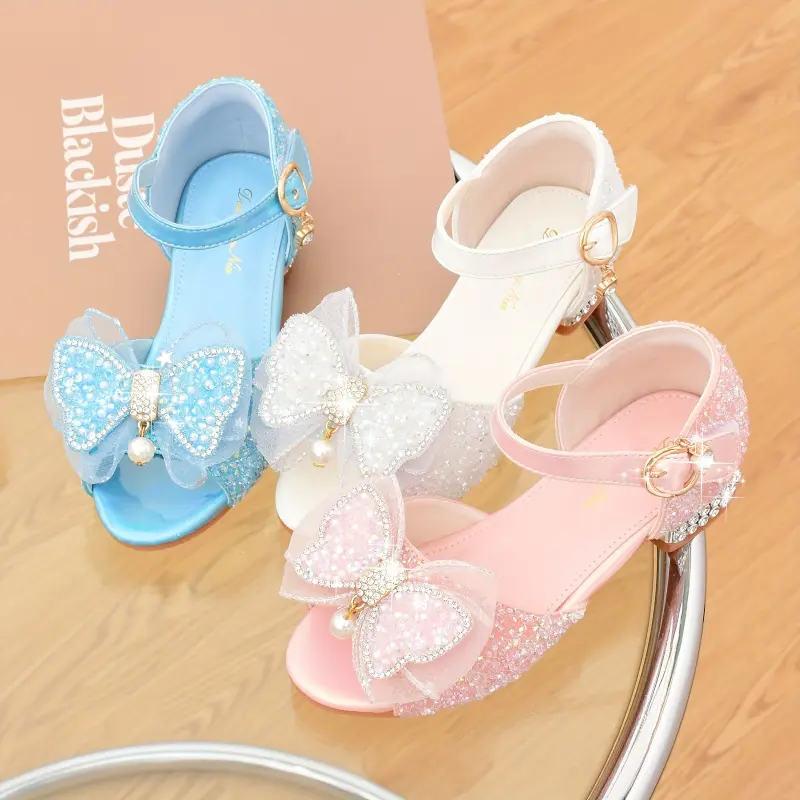 Girls' Princess Sandals for Summer, Pixie Style Crystal Open Toe High Heels with Pastel Bow Decoration, Pixie Girl Sandals & Flip Flops, Pastel Bow Decoration Sandals & Flip Flops