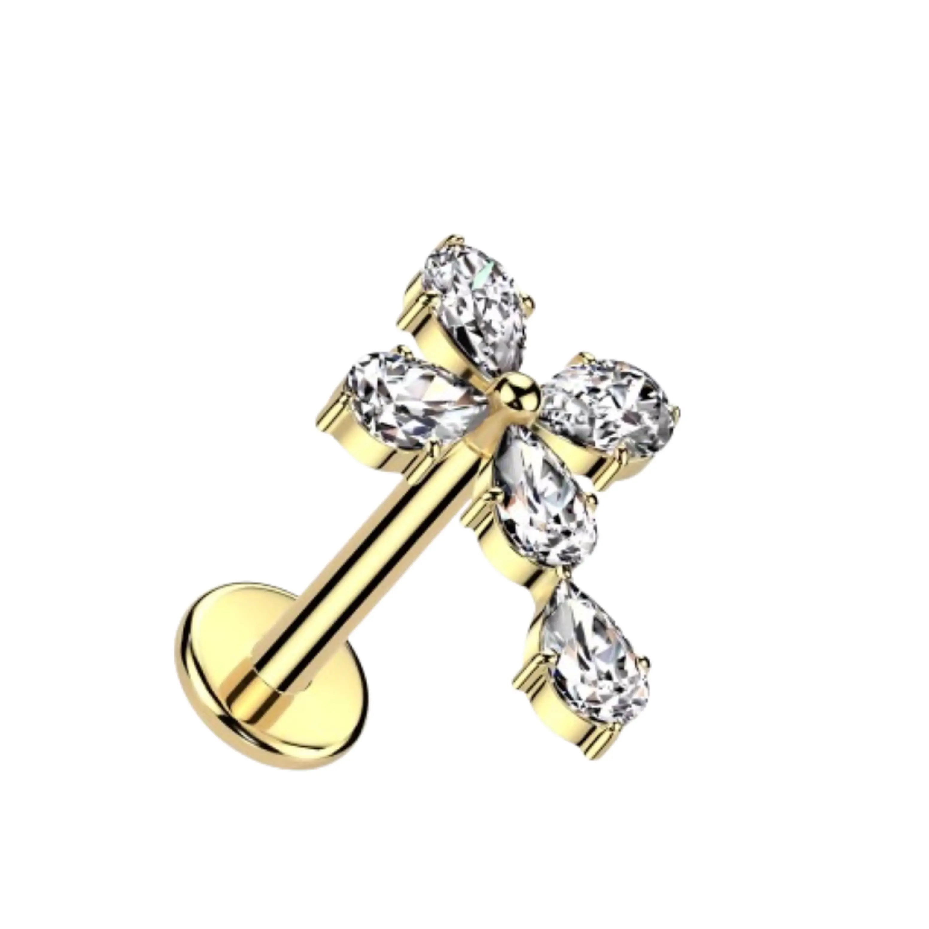 Cross Diamond Threadless Push In Top Titanium Hypoallergenic Durable Labret Flatback Piercing Jewelry