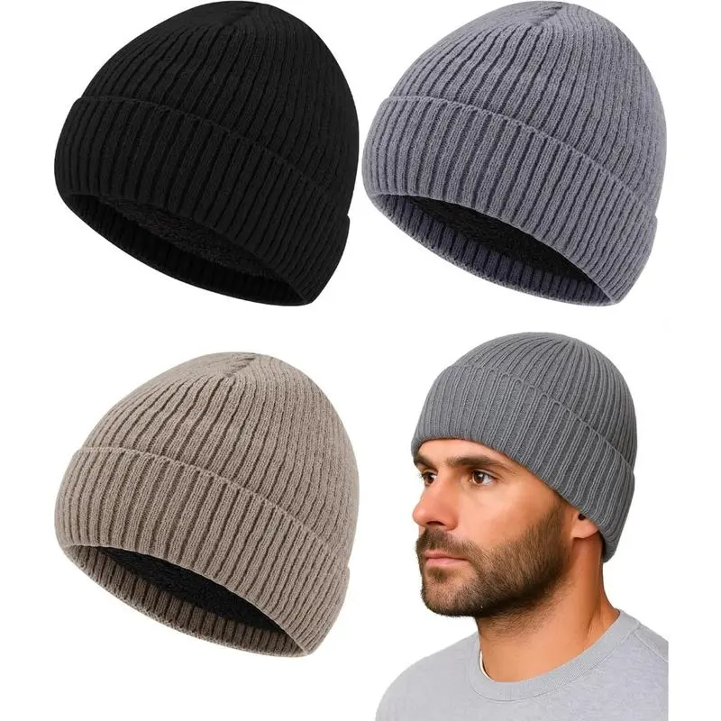 3-Pack Men's Cuffed Knitted Cap, Thermal Fleece-Lined Casual Stretchy Beanie, Cold Weather Hats for Winter (Fits 56-62cm), Beanie Fitted Hat, Thermal Lined, Fashion Hats